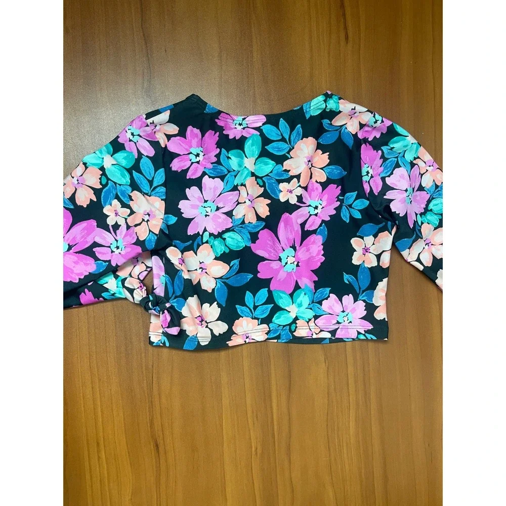 Art Class Girls 3-Piece Swimsuit Set Black Floral Rash Guard Bikini Small Sz6/7